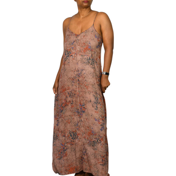 Hinge Slip Dress Brown Print Maxi Rayon Sundress Spaghetti Straps Flowy Small - Picture 1 of 13